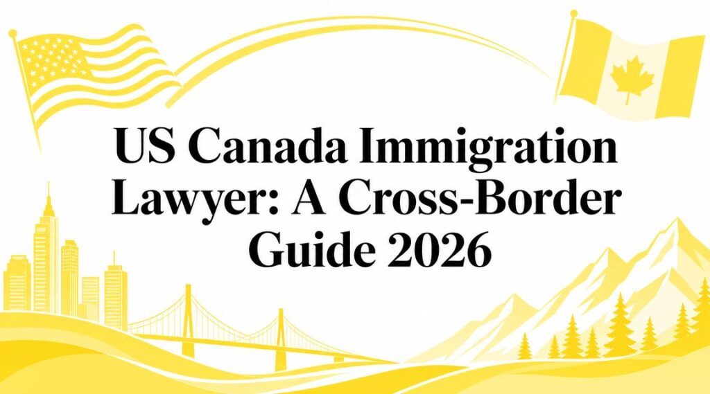 Bright yellow banner with US and Canada flags, a city skyline, bridge, and mountains, advertising a cross-border immigration lawyer guide for 2026.