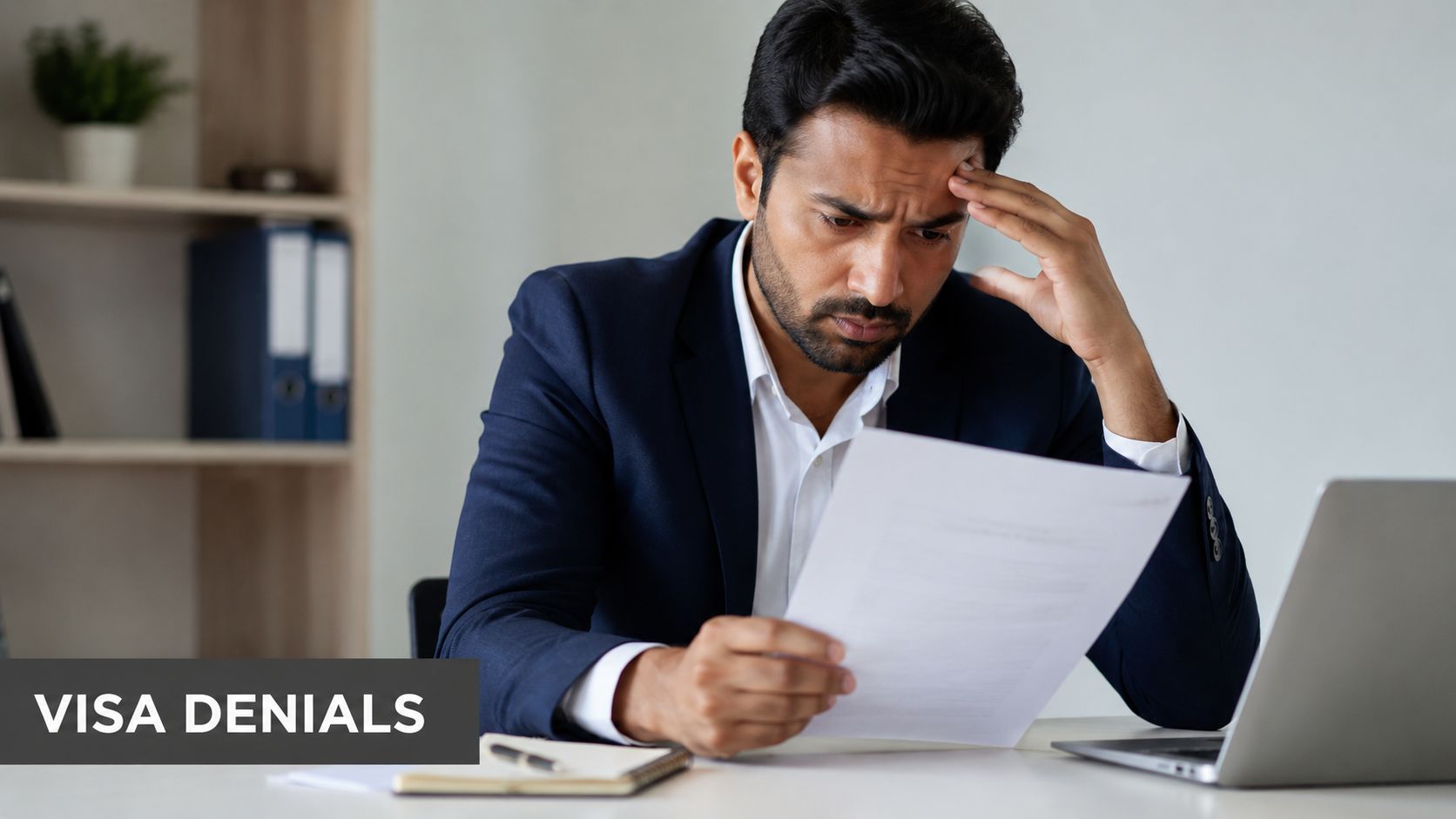 A frustrated businessman sitting at his desk looking at legal documents related to visa denials.