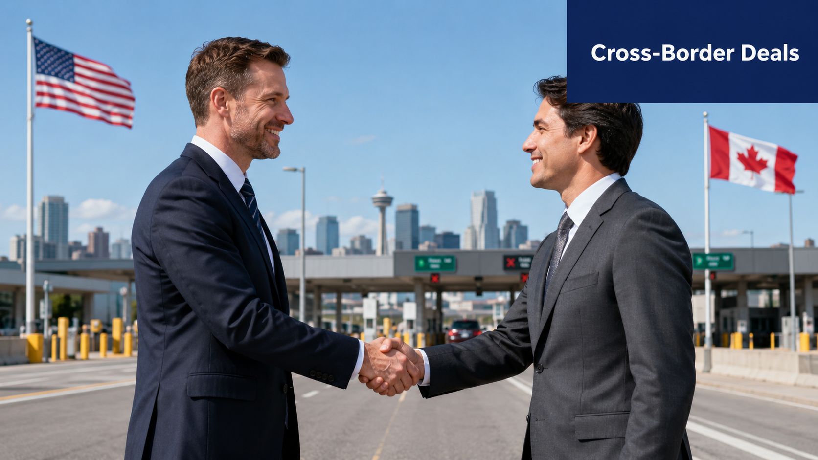 Two professional businessmen in suits shaking hands at the border between the United States and Canada.