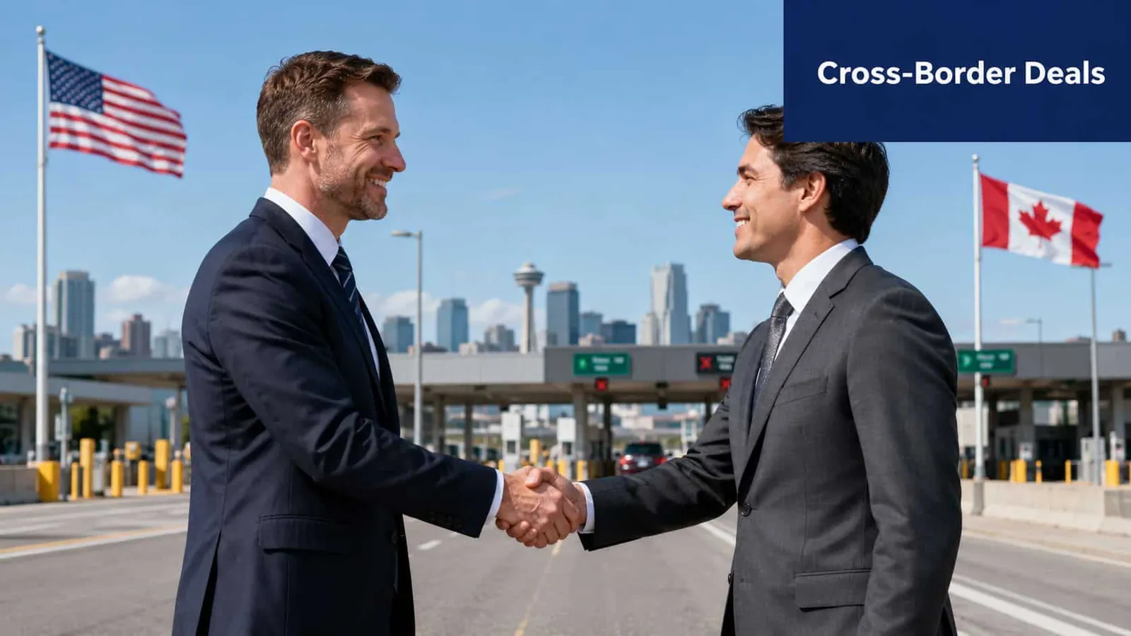 Two professional businessmen in suits shaking hands at the border between the United States and Canada.
