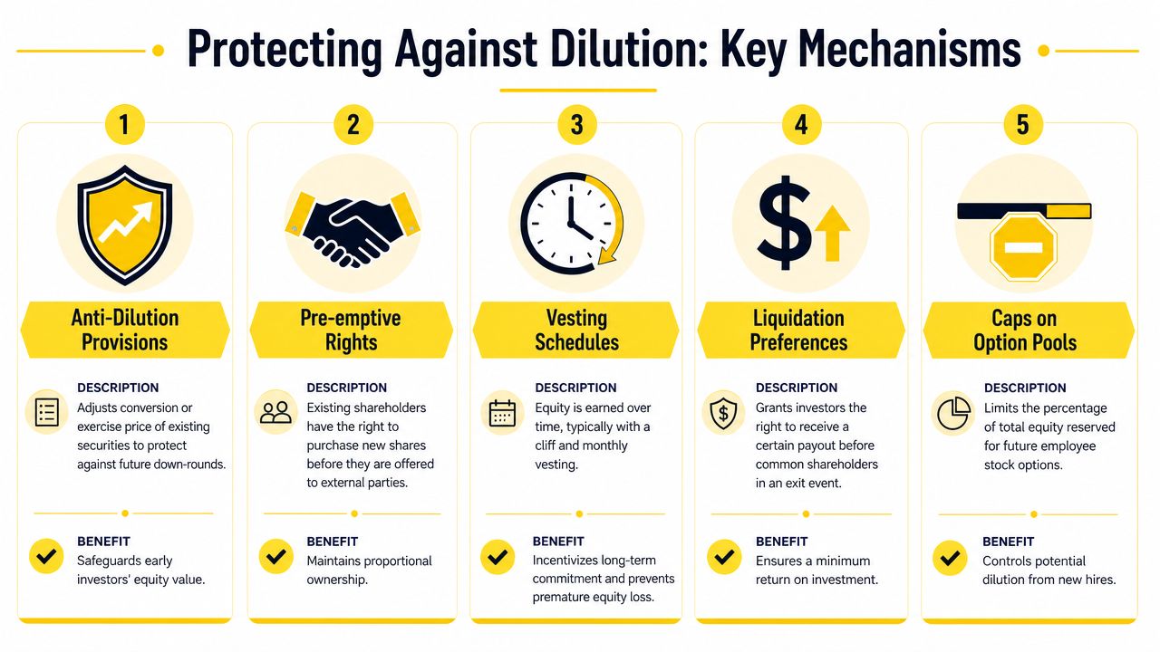 An infographic detailing five key mechanisms for protecting against equity dilution in business and investment.
