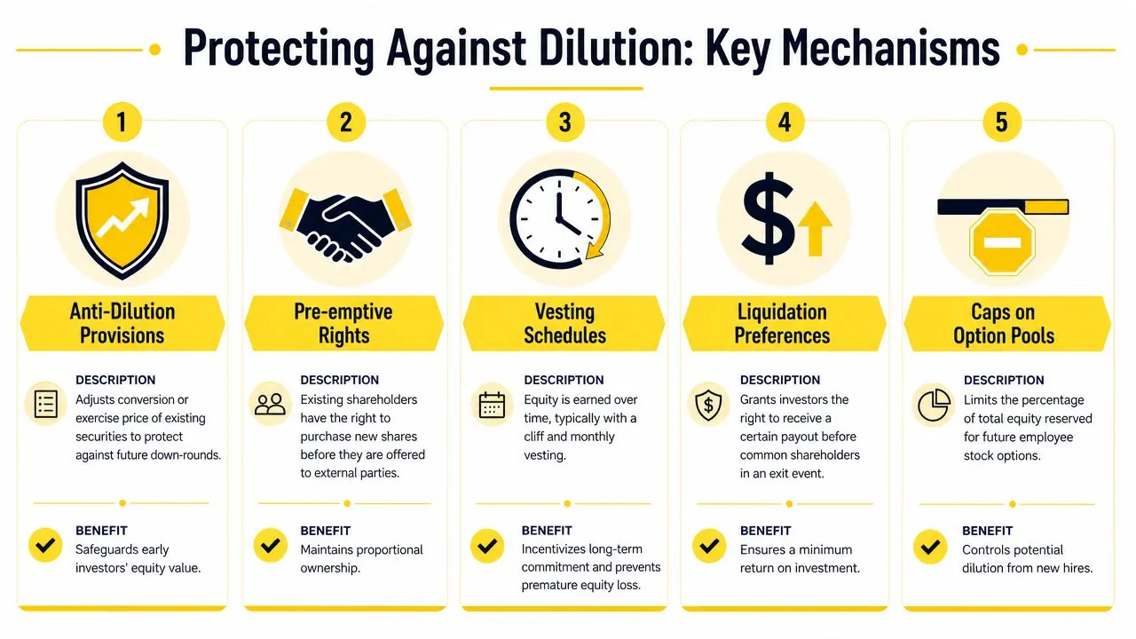 An infographic detailing five key mechanisms for protecting against equity dilution in business and investment.