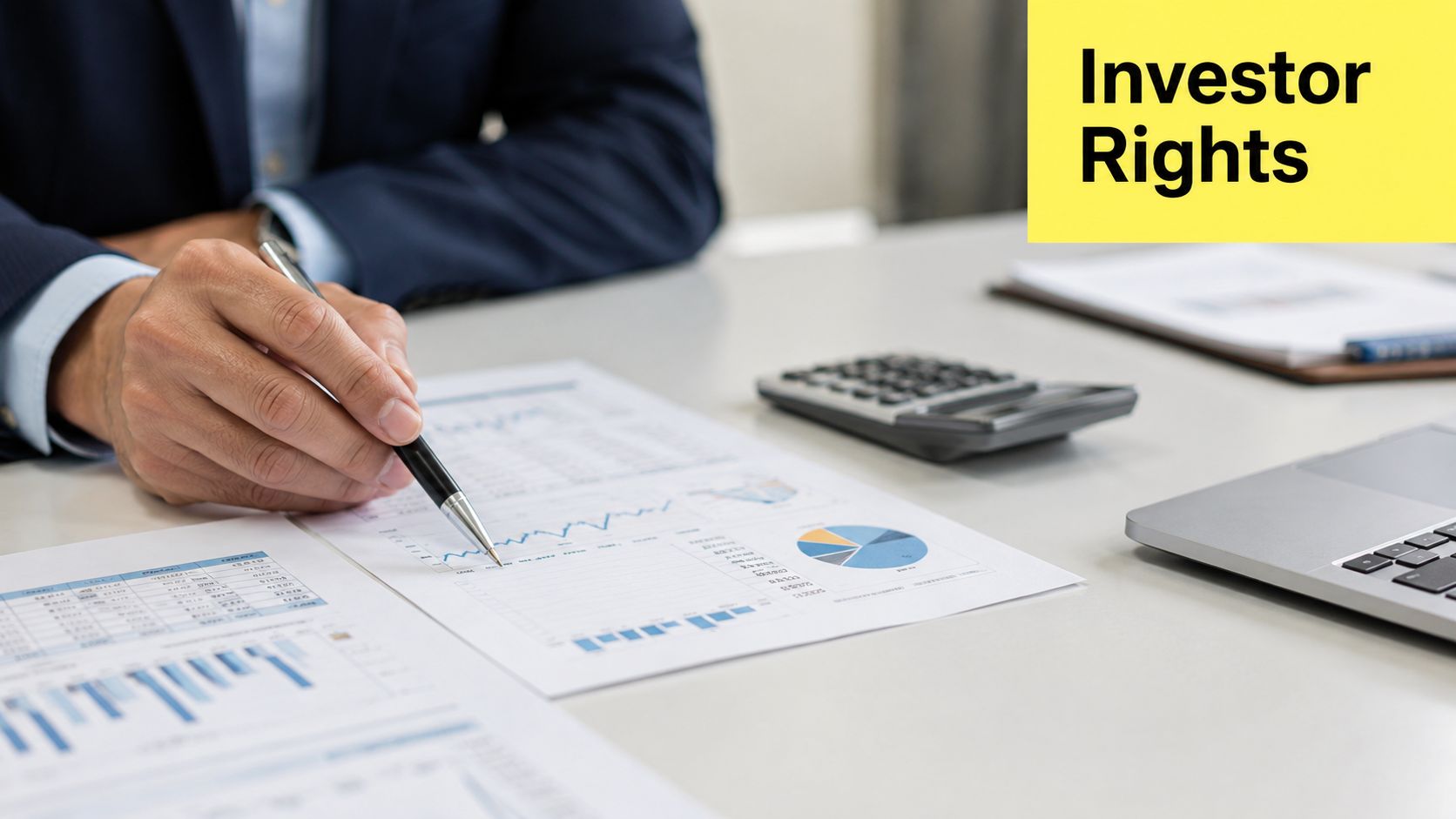 A professional in a suit reviewing financial documents and data charts with a pen at a desk.
