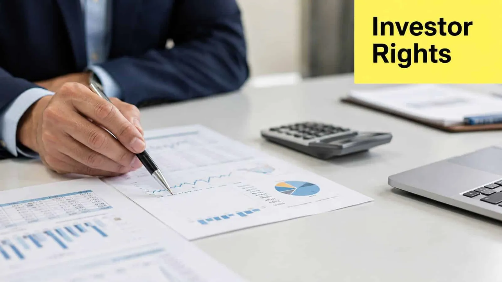 A professional in a suit reviewing financial documents and data charts with a pen at a desk.