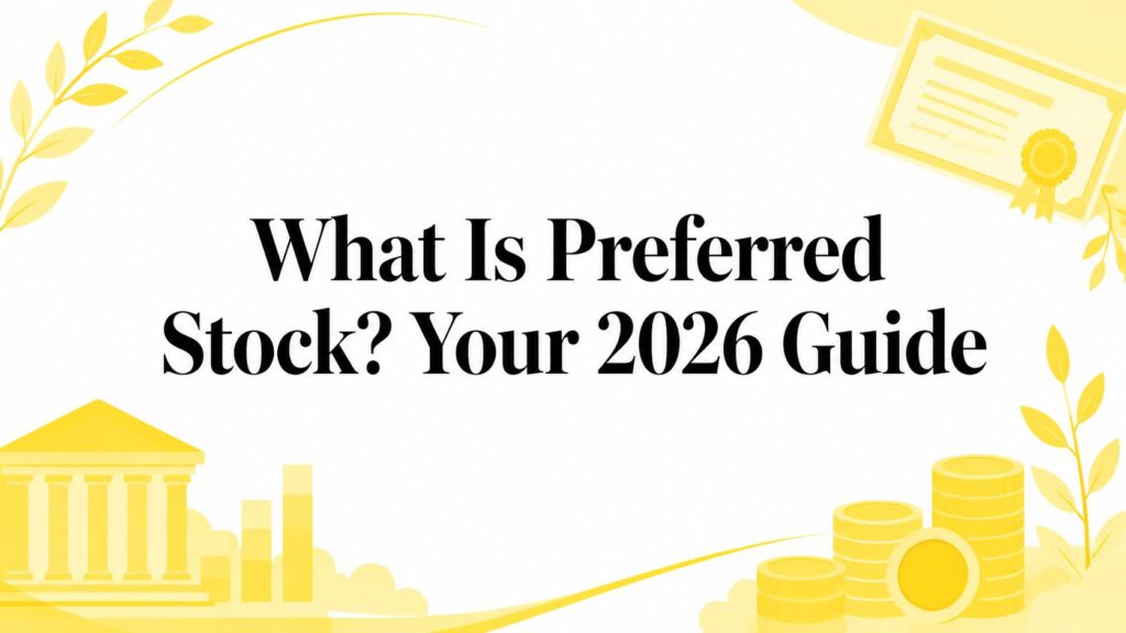 Cover banner for a guide titled "What Is Preferred Stock? Your 2026 Guide" with yellow financial illustrations around the edges.