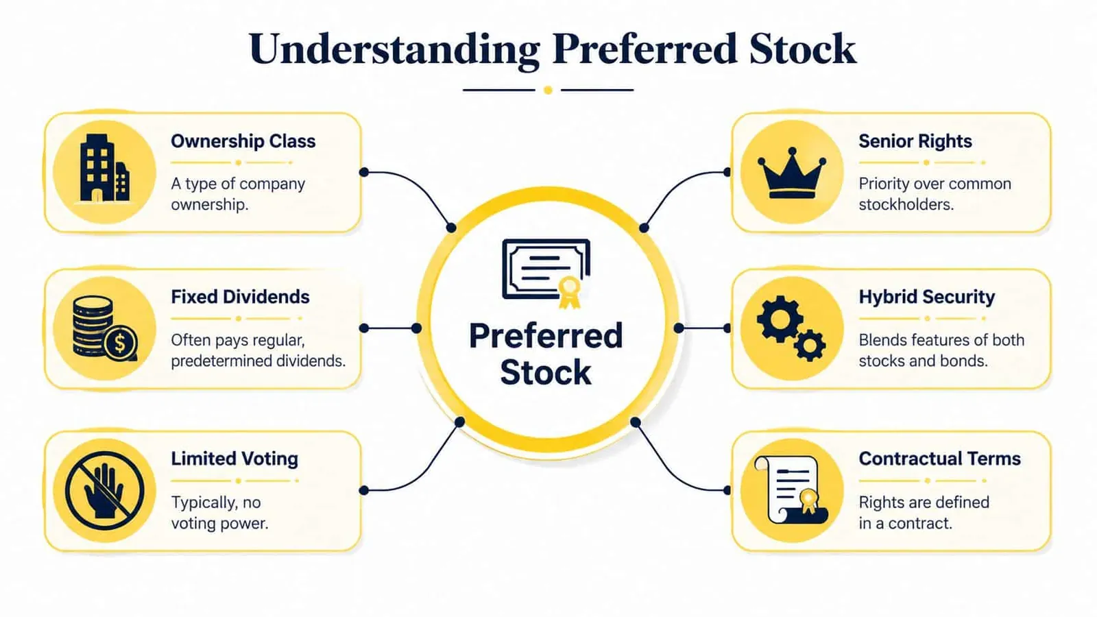 An infographic titled Understanding Preferred Stock outlining its key characteristics such as ownership class, dividends, and voting rights.
