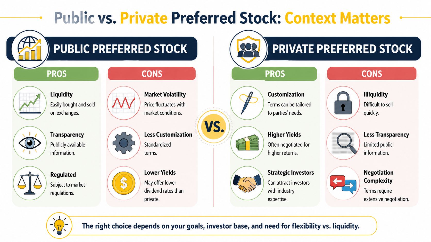 A comparison chart outlining the pros and cons of public versus private preferred stocks for investors.