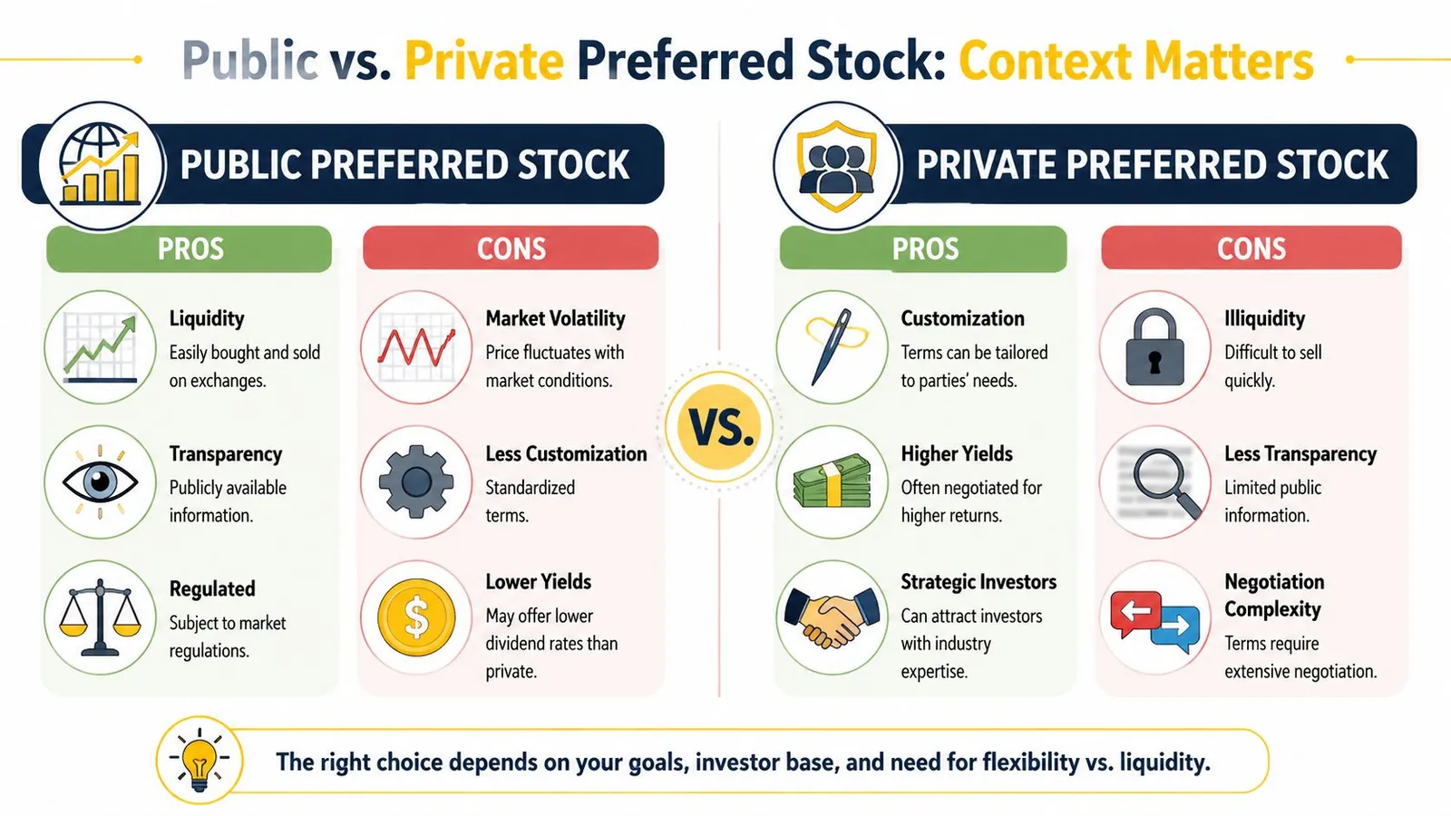 A comparison chart outlining the pros and cons of public versus private preferred stocks for investors.