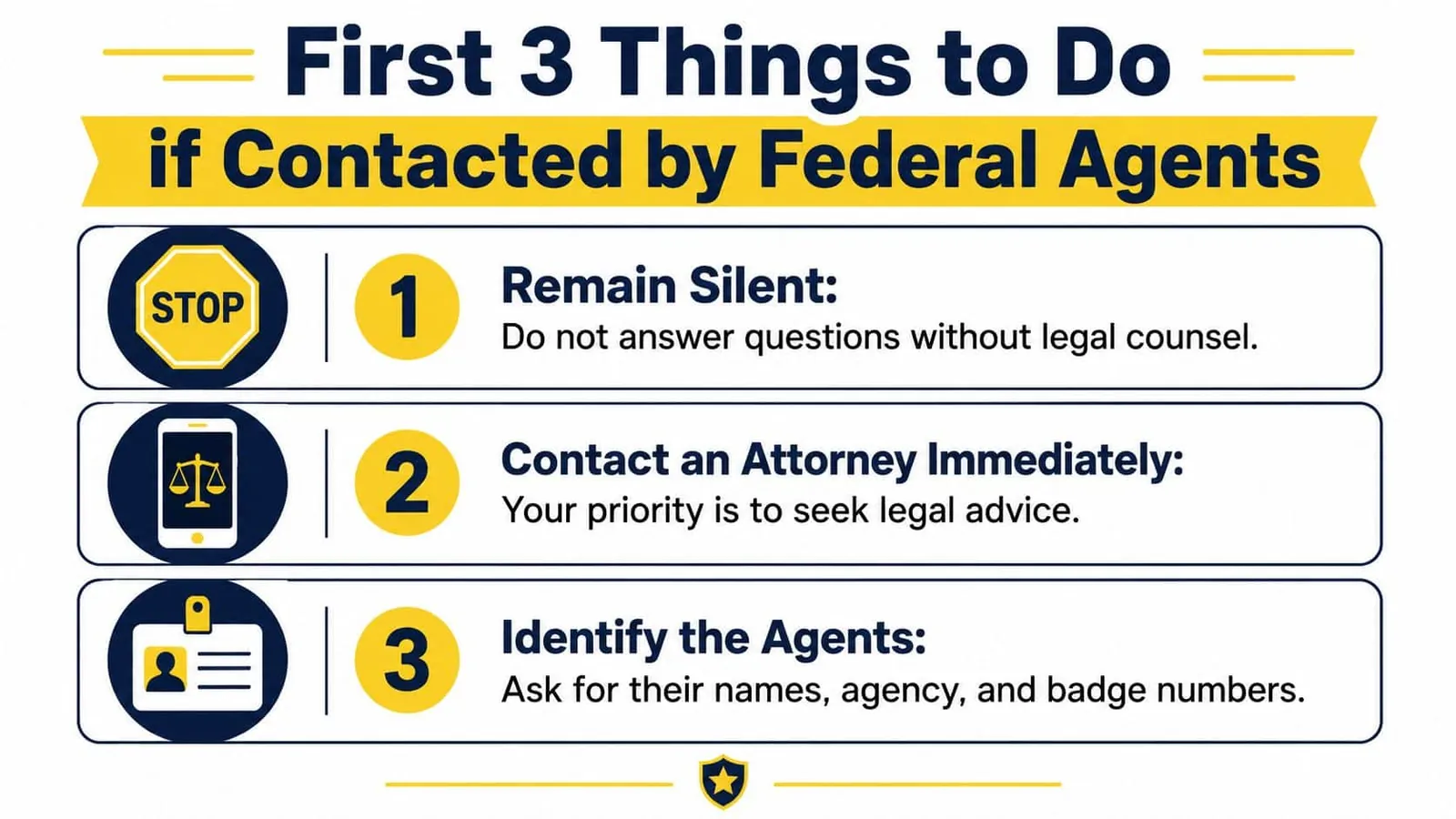 An infographic titled First 3 Things to Do if Contacted by Federal Agents, listing legal advice steps.