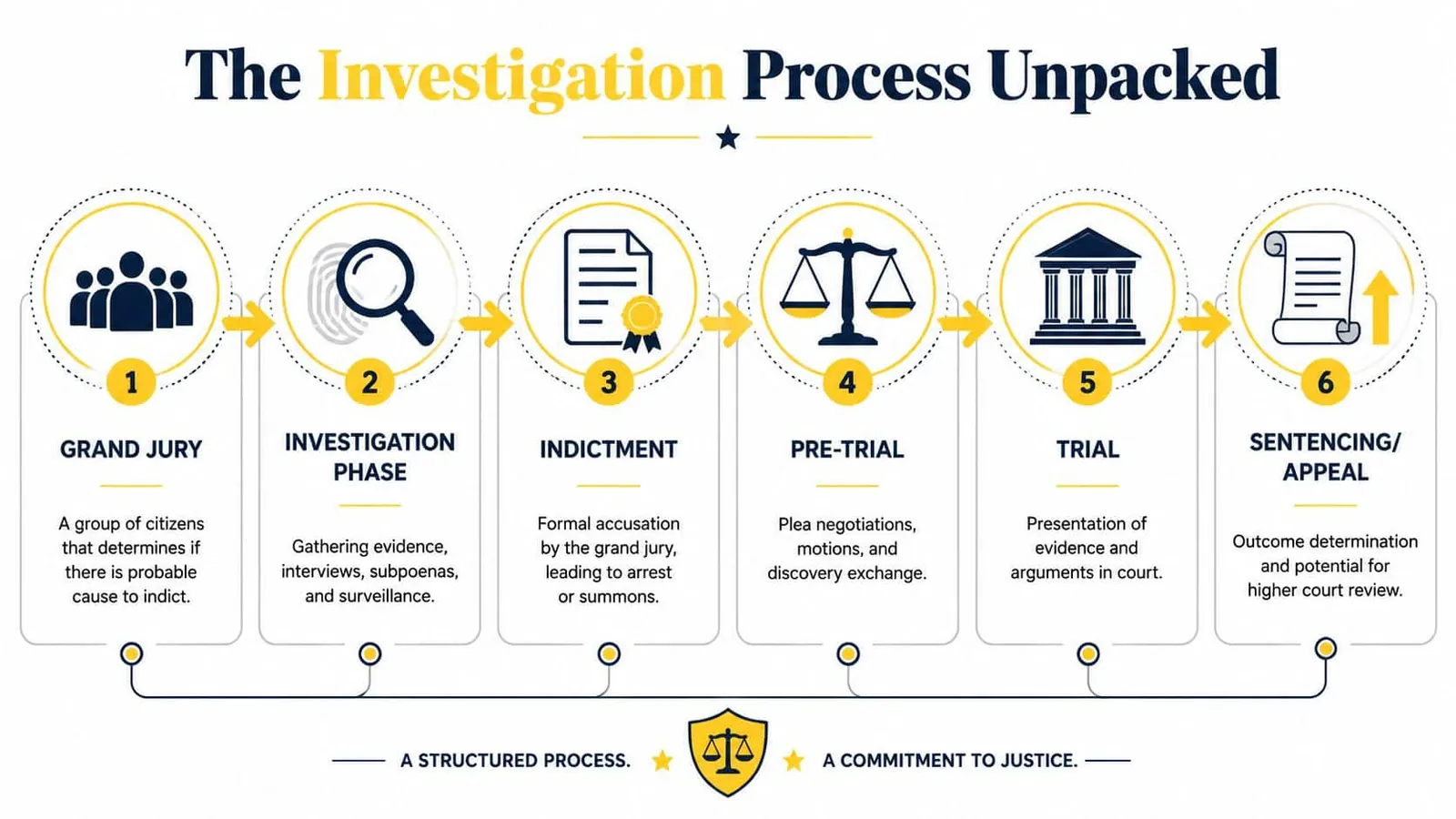 A six-step infographic detailing the chronological legal process from grand jury investigation to sentencing and appeal.