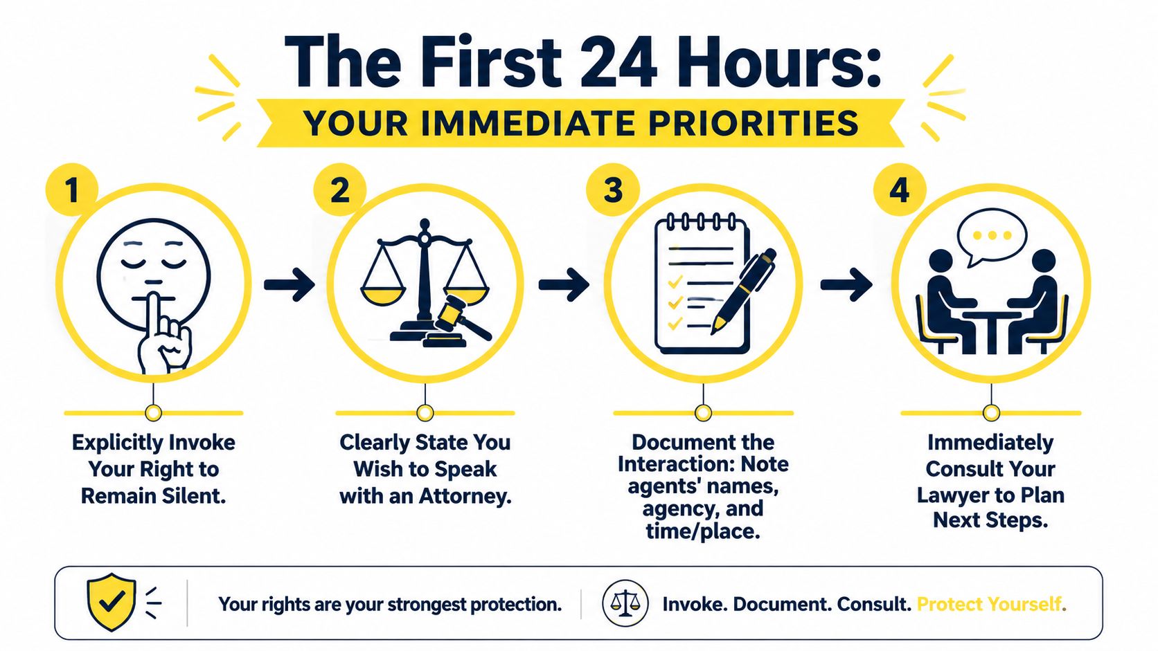 An infographic outlining four immediate steps to take if you are under federal investigation.