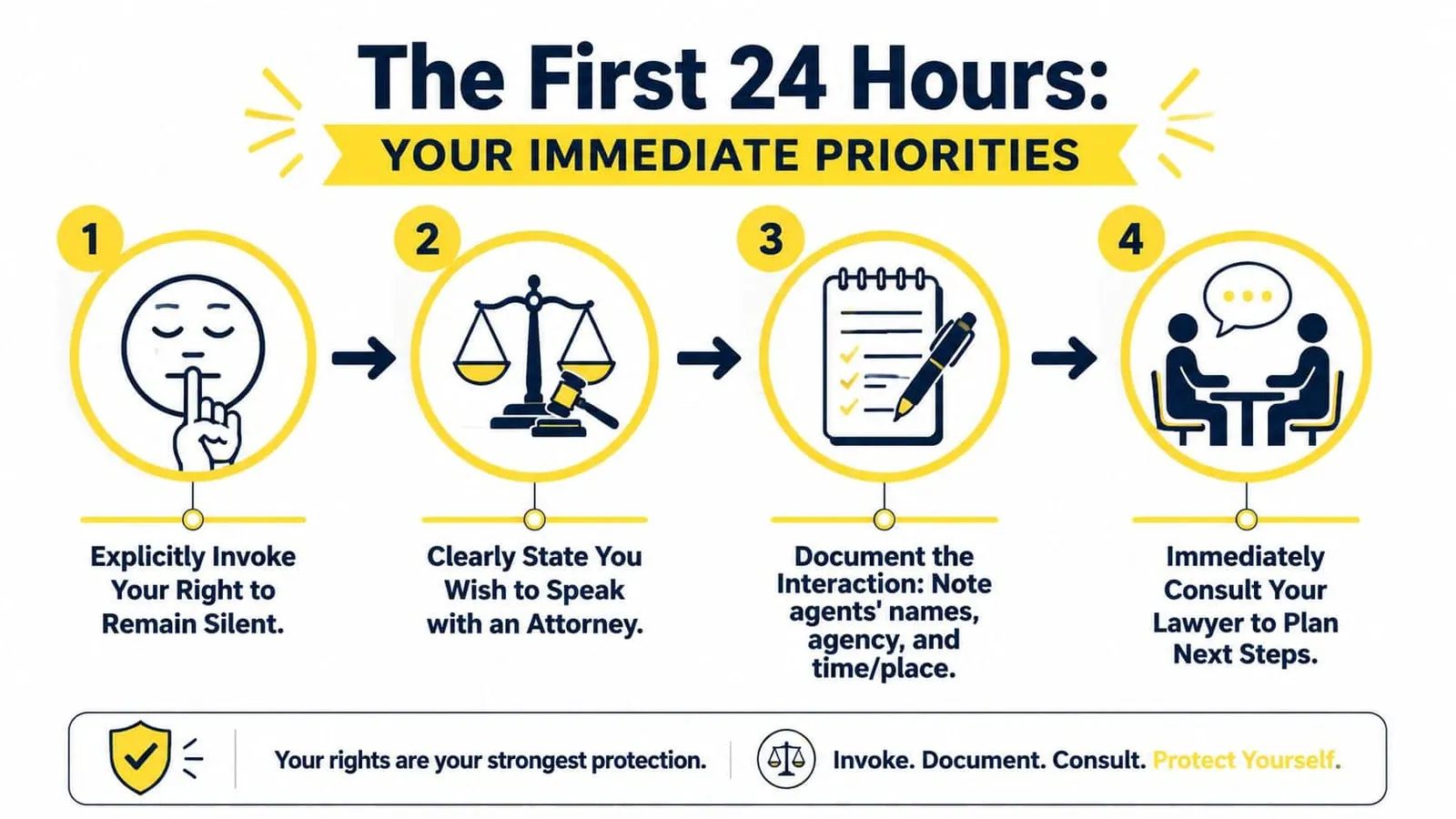 An infographic outlining four immediate steps to take if you are under federal investigation.