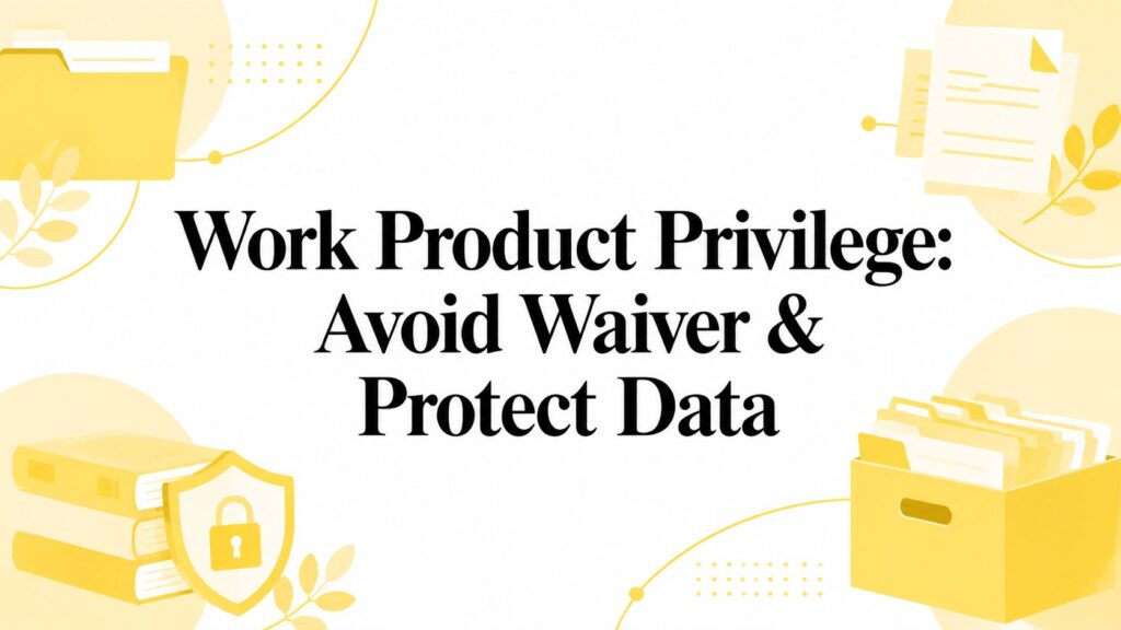 Banner with yellow office icons and a bold headline: 'Work Product Privilege: Avoid Waiver & Protect Data'