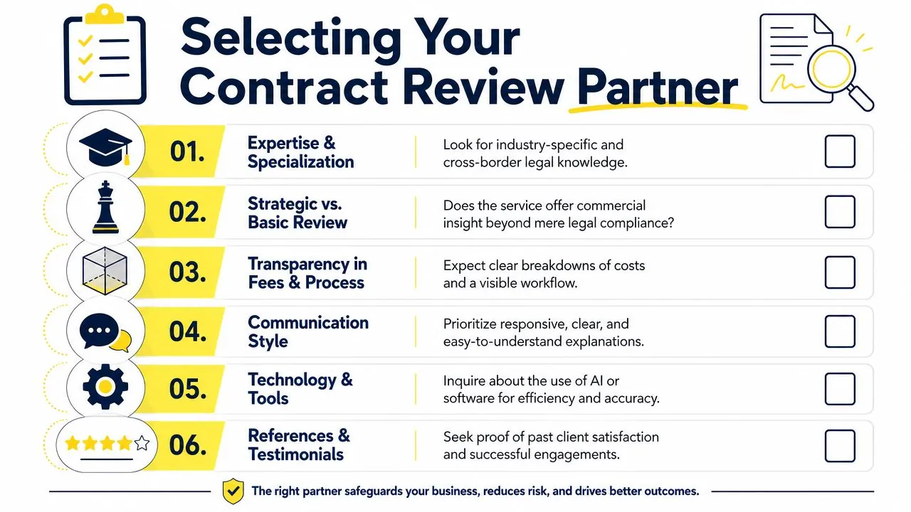 An infographic checklist for selecting the right business partner for legal contract review services.