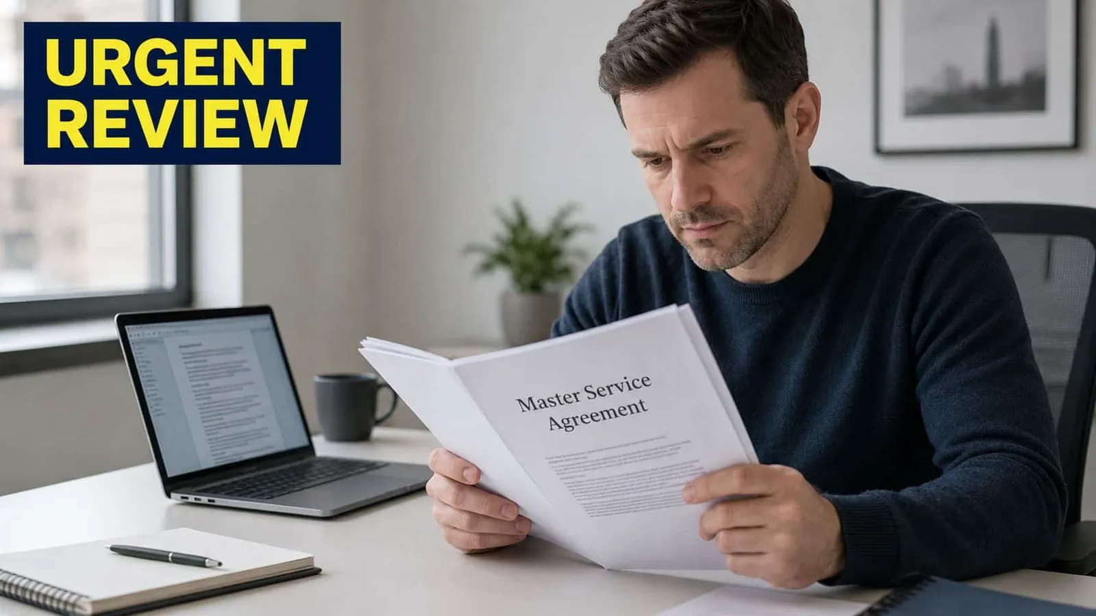 A focused man wearing a navy sweater reads a Master Service Agreement document at his office desk.