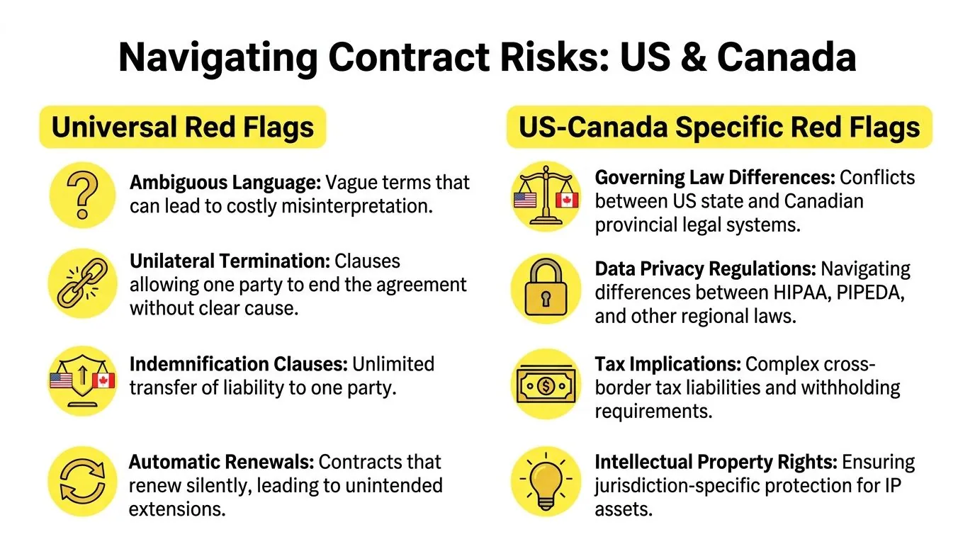 An infographic titled Navigating Contract Risks listing common legal pitfalls for US and Canadian business agreements.
