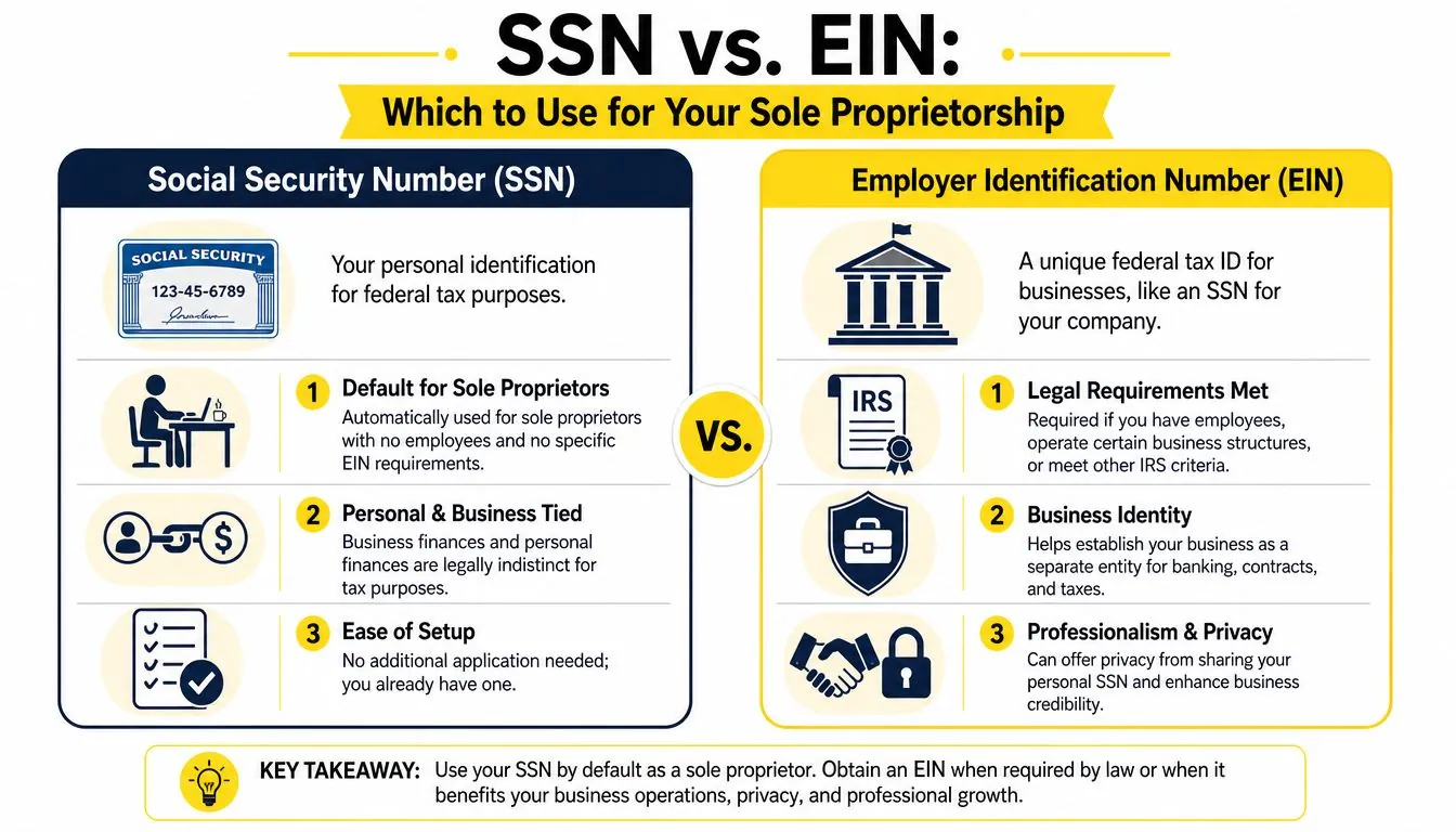 A comparison infographic explaining the differences between using an SSN or an EIN for a sole proprietorship business.