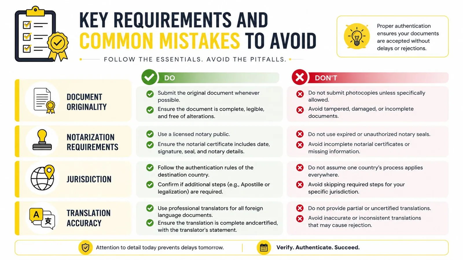 An infographic detailing key requirements and common mistakes to avoid for successful document authentication processes.