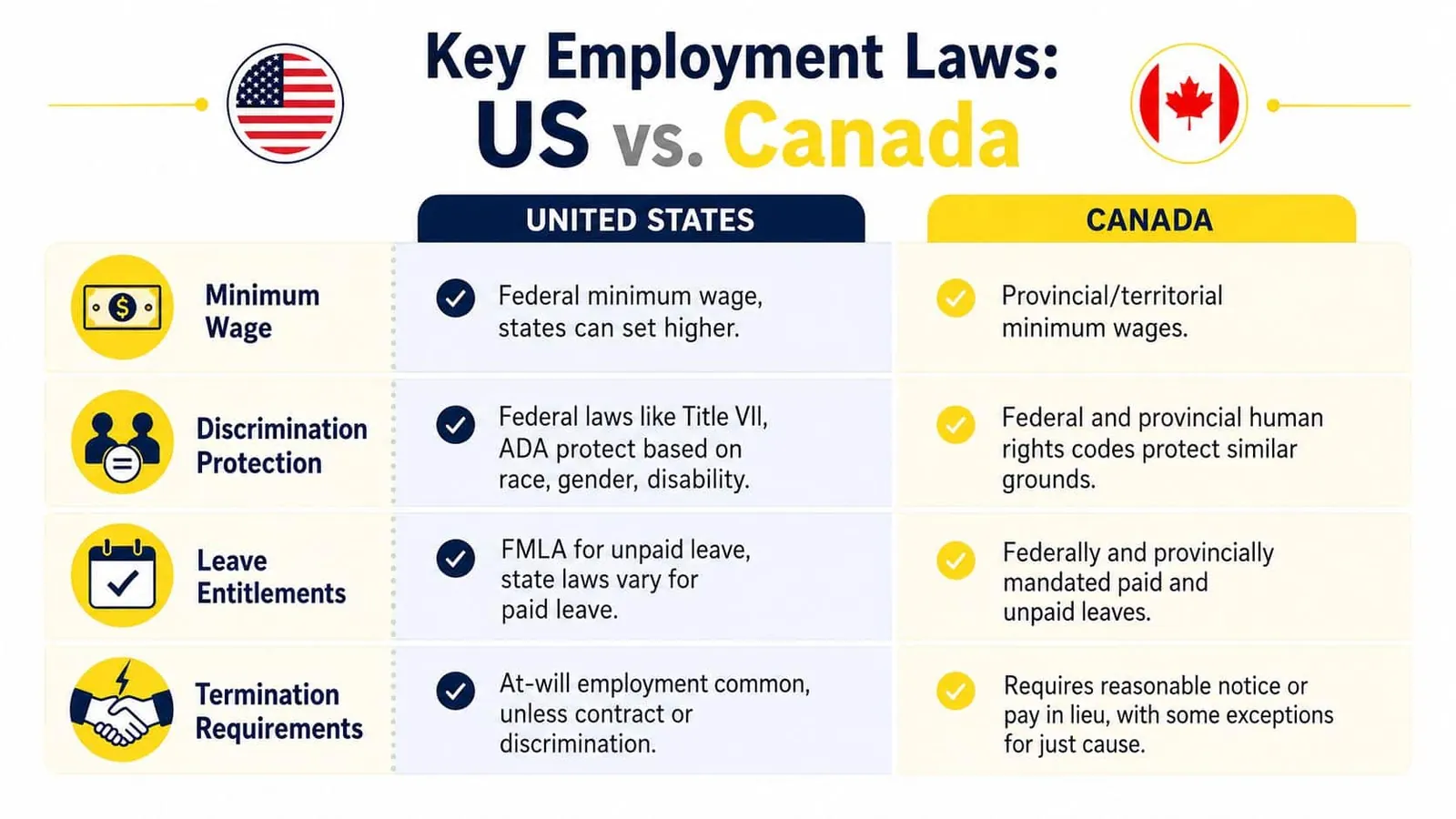 A comparison table outlining key employment law differences between the United States and Canada by category.