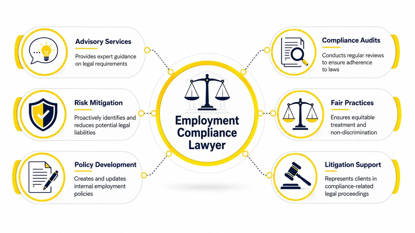 A diagram illustrating the key roles and responsibilities of an employment compliance lawyer in a business.