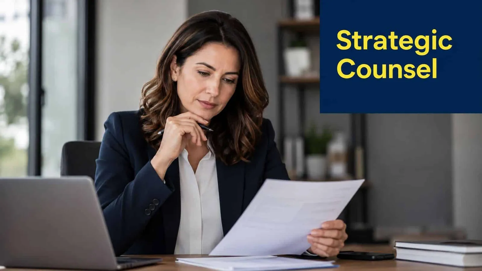 A professional woman in business attire sits at her desk reviewing important documents in an office.