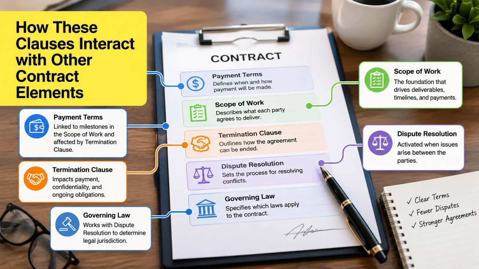 An infographic illustrating how different contract clauses like payment, scope, termination, and dispute resolution interact.