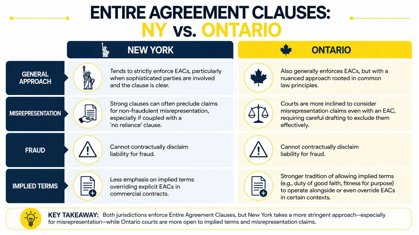A comparison chart outlining the differences in entire agreement clauses between New York and Ontario legal systems.