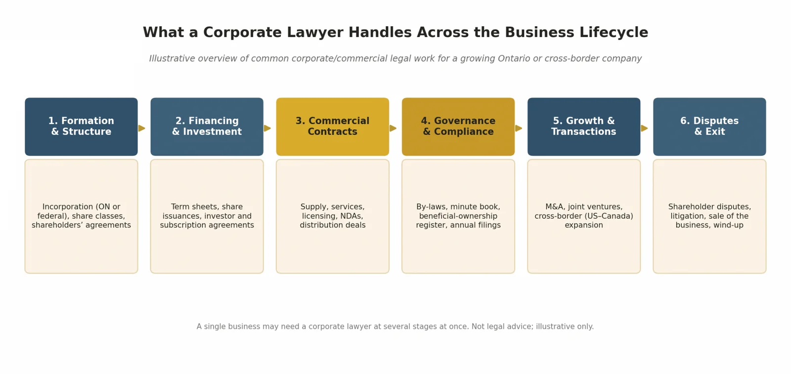 Diagram of what a corporate lawyer in Toronto handles across the business lifecycle, from formation to disputes and exit
