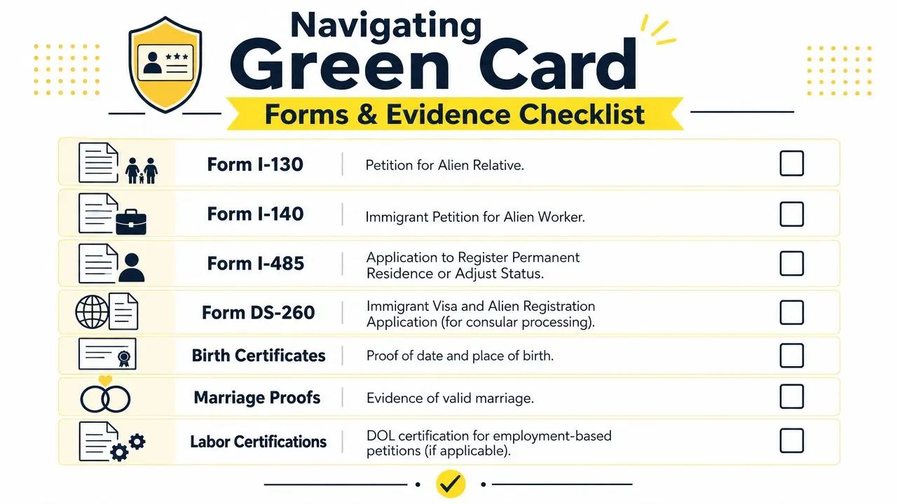 A checklist of common forms and evidence required for the United States green card application process.