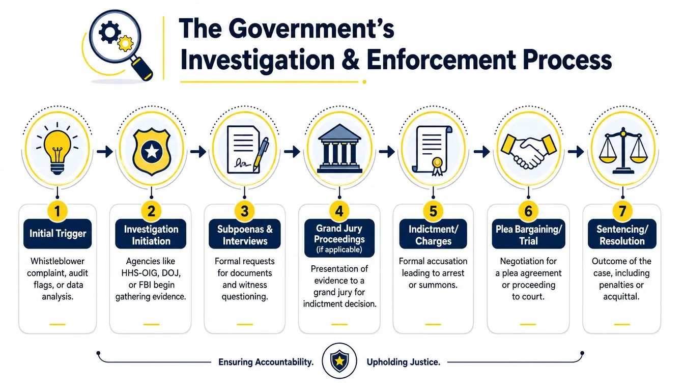 A seven-step flowchart illustrating the government's investigation and enforcement process from initial trigger to final resolution.