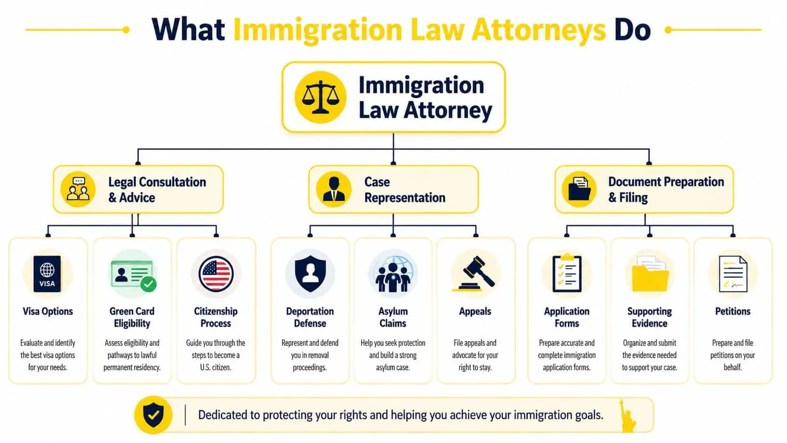 Infographic showing the core services provided by immigration law attorneys including legal consultation, case representation, and document preparation.