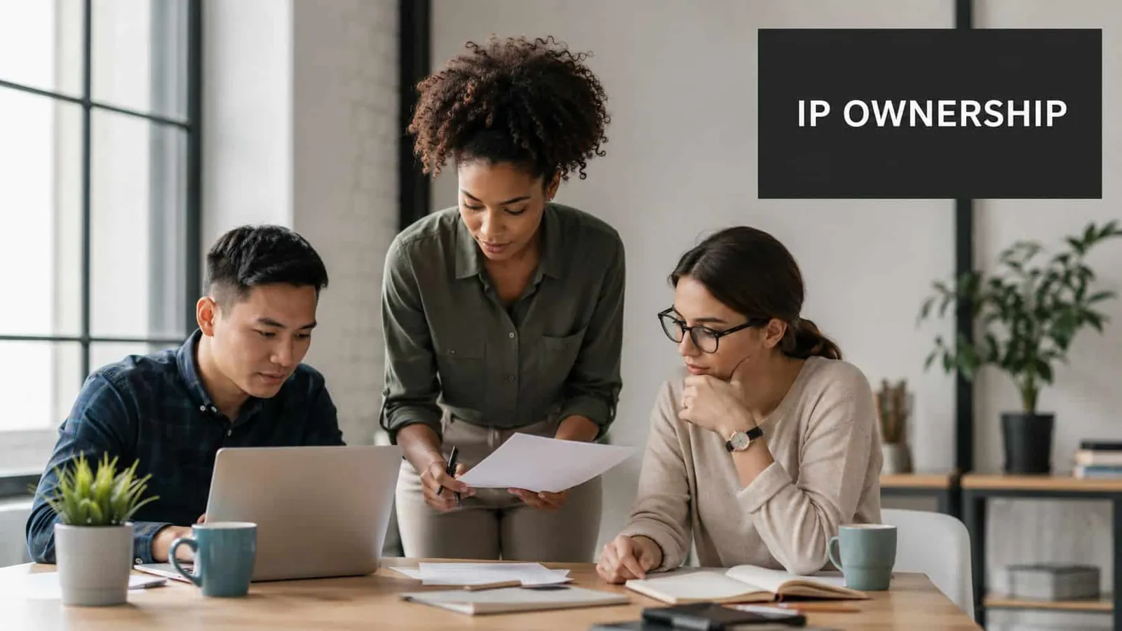 A professional team of three diverse colleagues collaborating on an intellectual property agreement in a bright office.