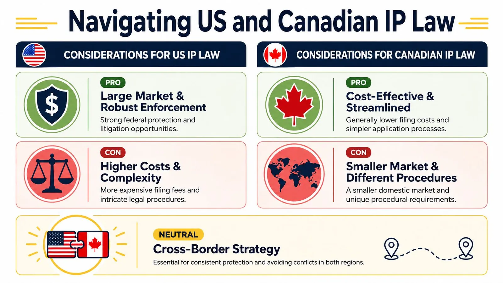 A comparison infographic showing the pros and cons of US and Canadian intellectual property laws.