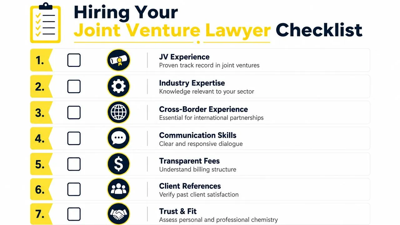 An infographic checklist for selecting a qualified joint venture lawyer, highlighting seven essential professional criteria.