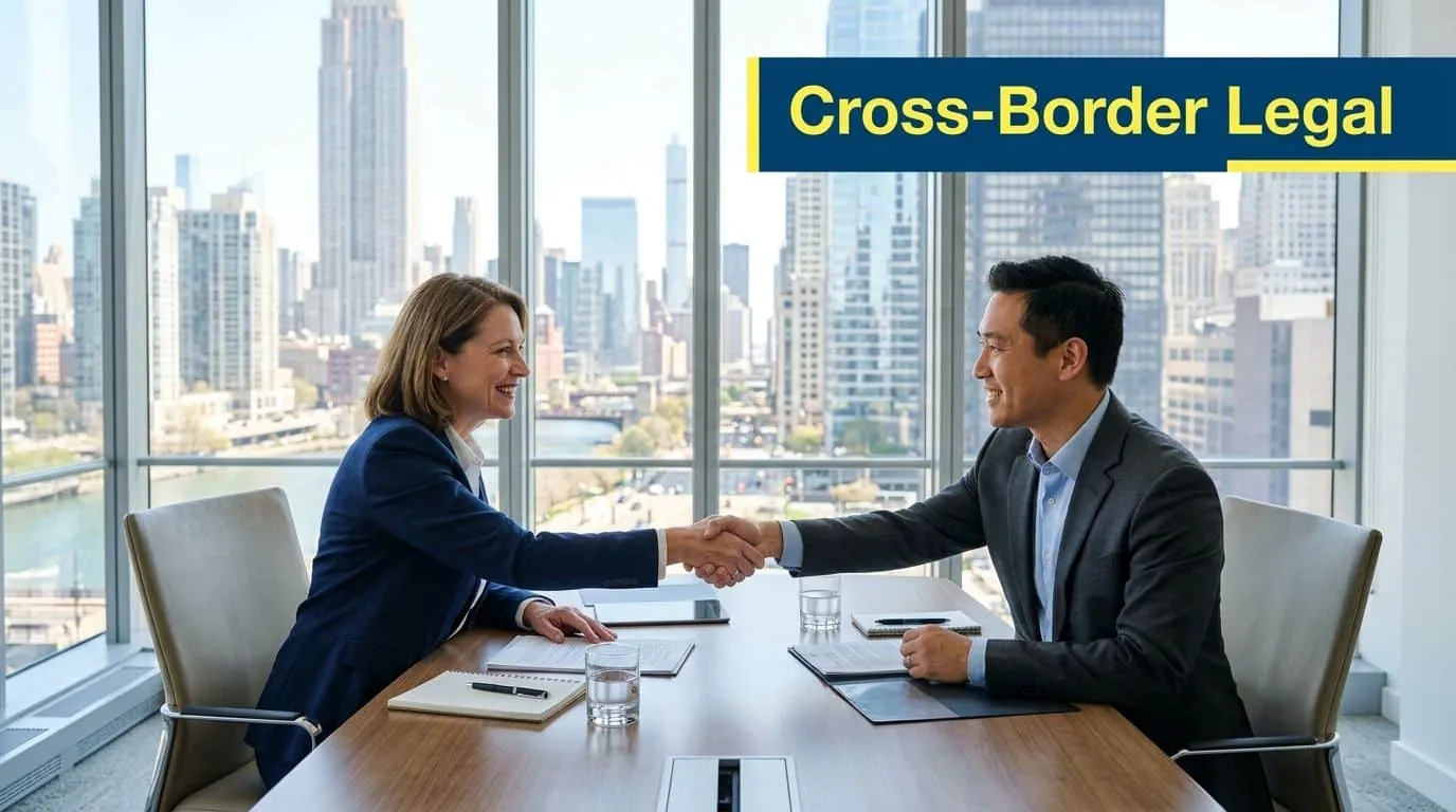 A professional woman and man shaking hands across a conference table in an office with city views.