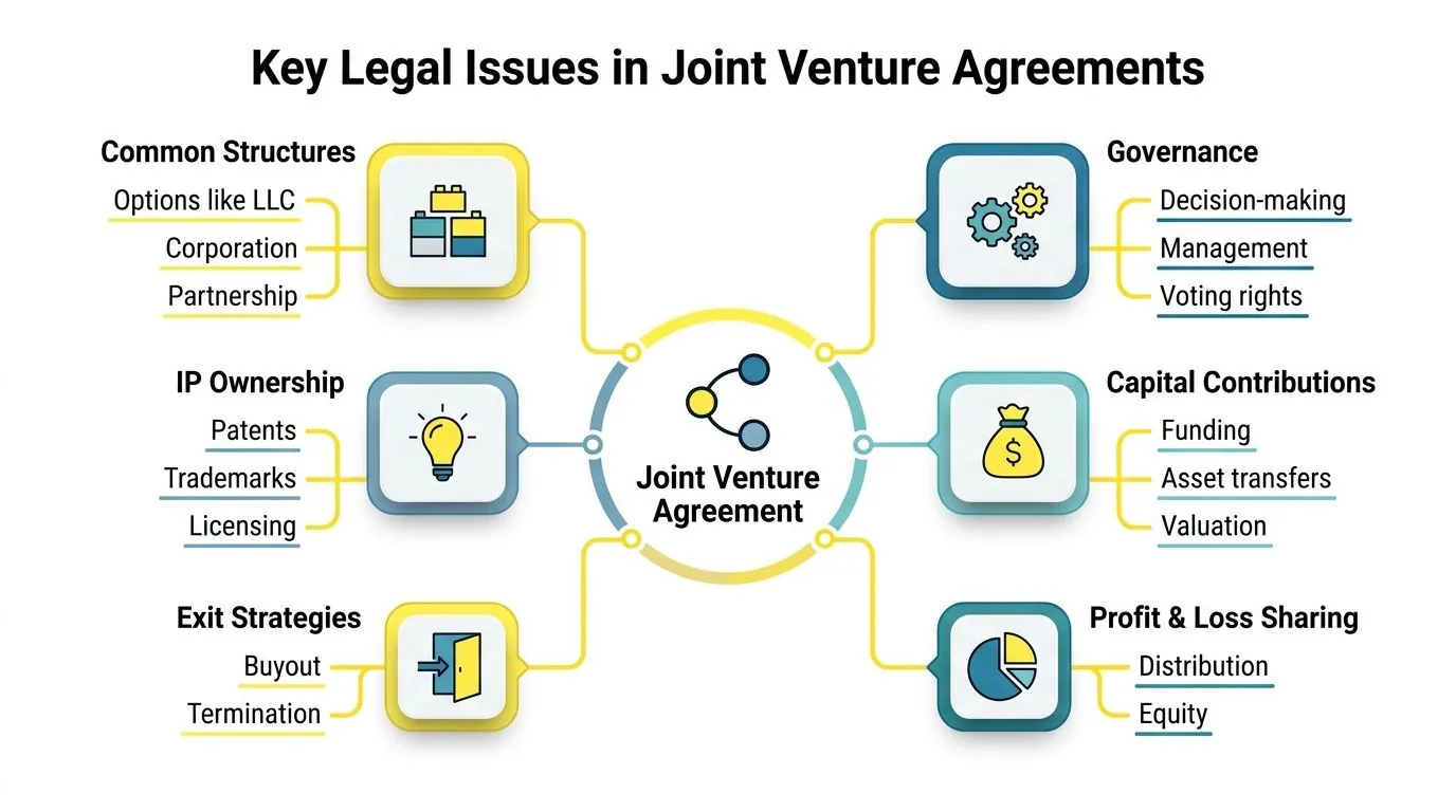 A diagram illustrating the key legal issues involved in creating a joint venture agreement for businesses.