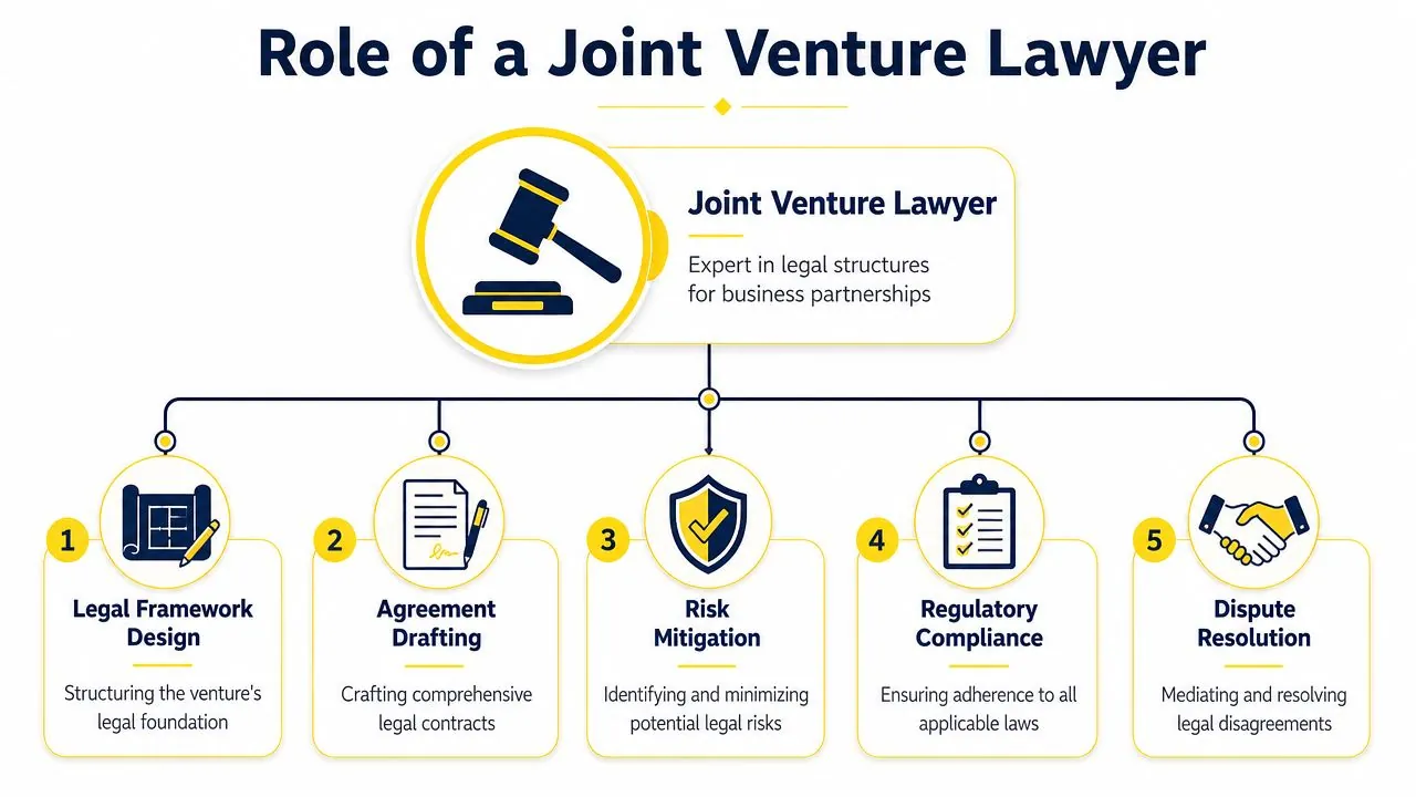 An infographic detailing the five key roles of a joint venture lawyer in business partnerships.