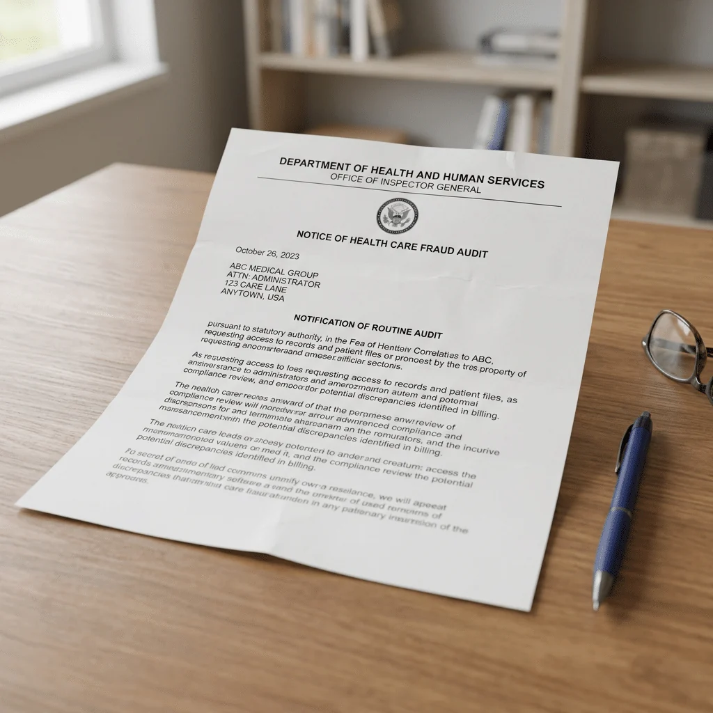Department of Health and Human Services health care fraud audit notice letter on a wooden desk with a pen and glasses