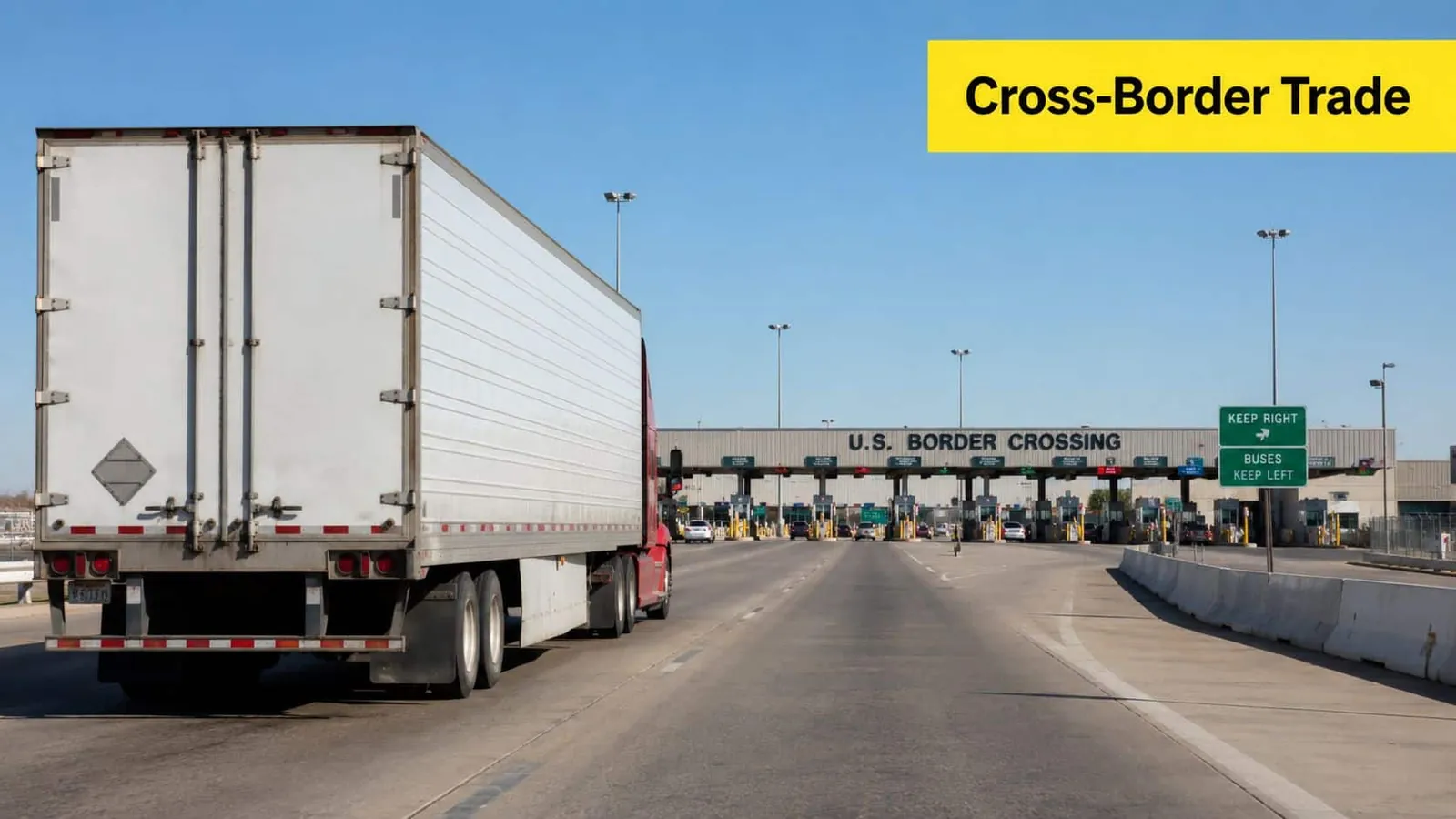 A large semi-truck driving towards a U.S. border crossing facility on a clear sunny day.