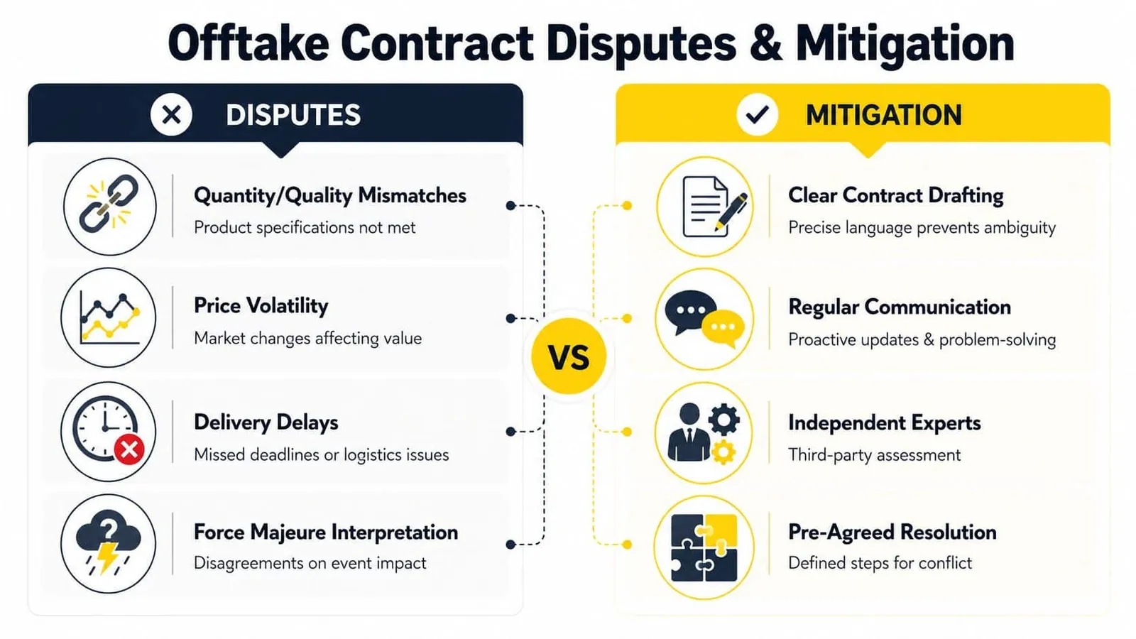 An infographic comparing common offtake contract disputes on the left with mitigation strategies on the right.
