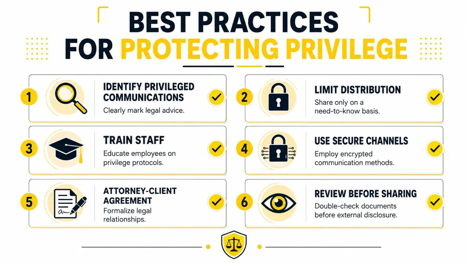 An infographic titled Best Practices for Protecting Privilege, listing six numbered steps for maintaining legal confidentiality.