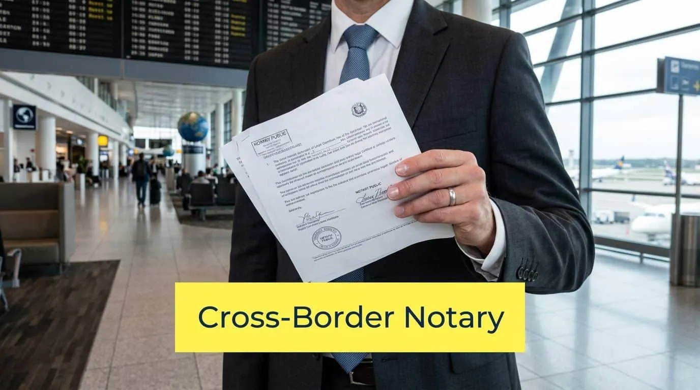 A professional in a business suit holding a notarized document inside a modern airport terminal.